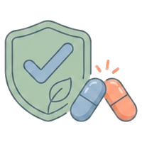 A shield with a leaf and a checkmark beside two capsules